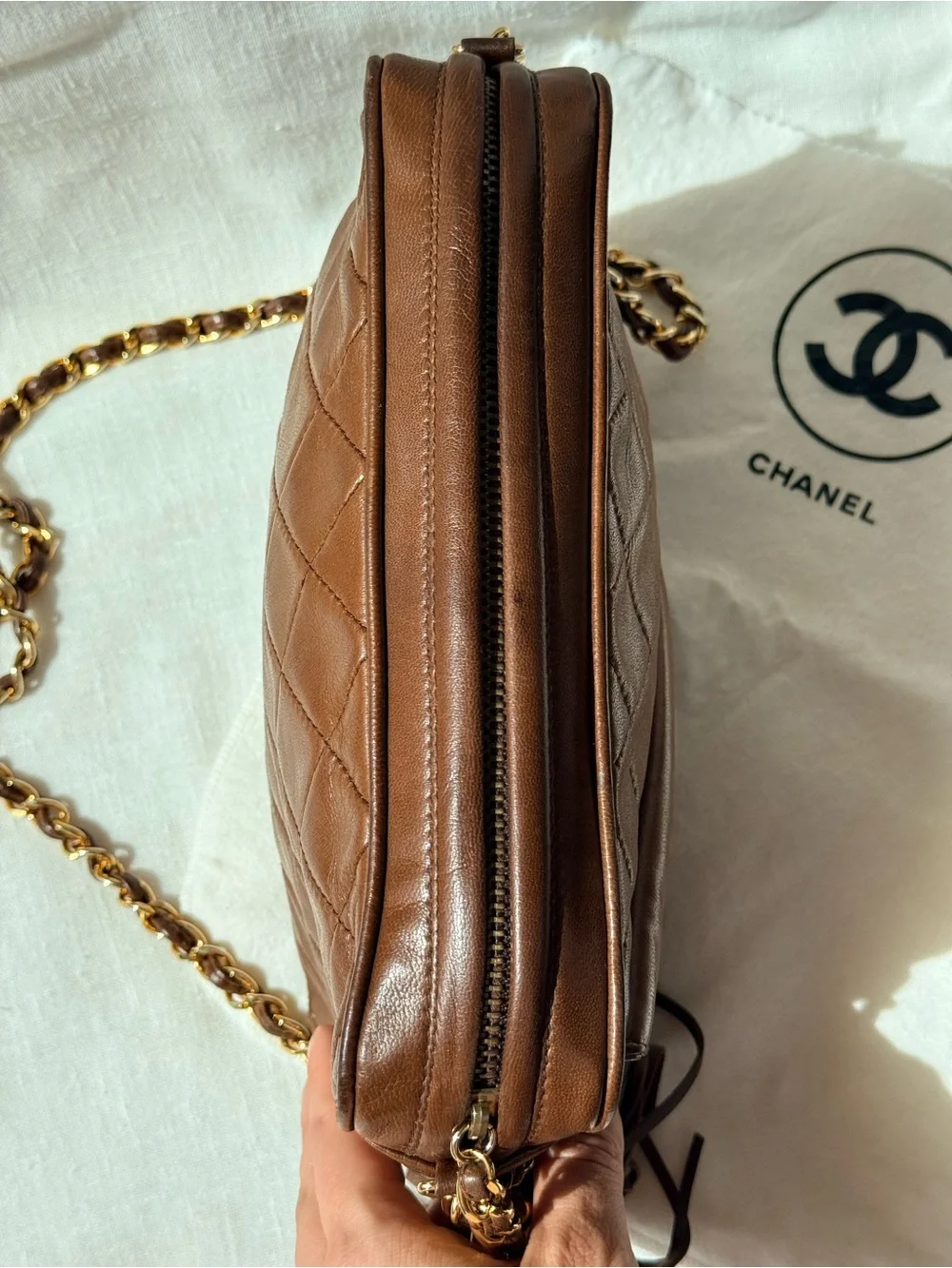 Vintage CHANEL Brown Lambskin Tassel Camera Bag CC Gold Chain 1 Series Rare